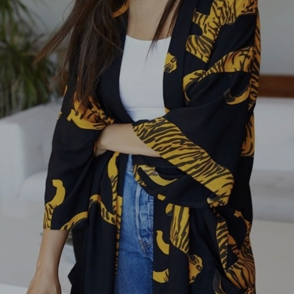 Emerson Fry Black and Mustard Tiger-Print Kimono Top